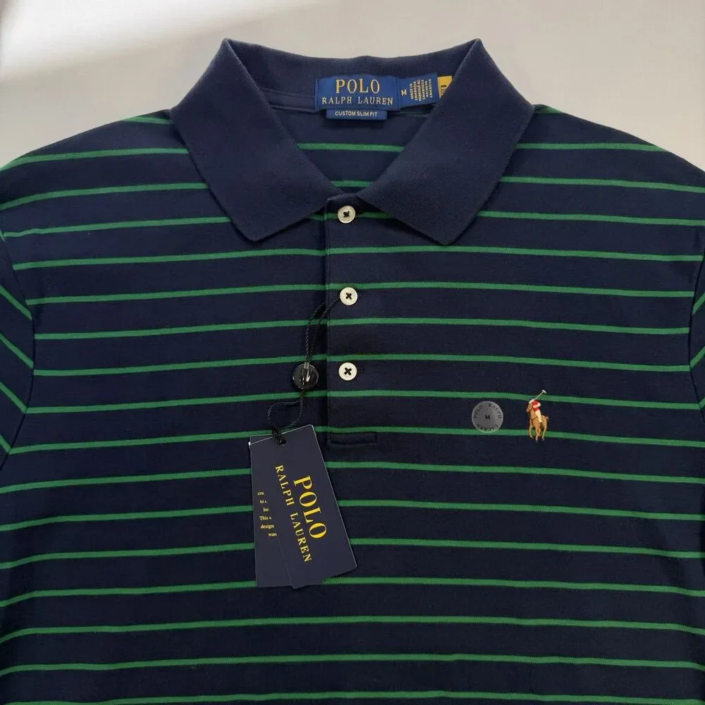 Polo Ralph Lauren Navy Green Striped Polo MEDIUM Custom Slim Fit Cotton Preppy